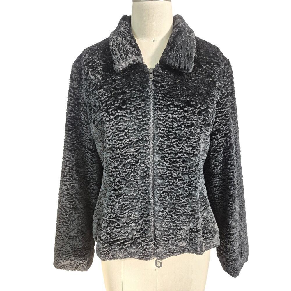Monika Turtle Studio Phila. Black faux Fur Karakul jacket full satin lining Sz S
